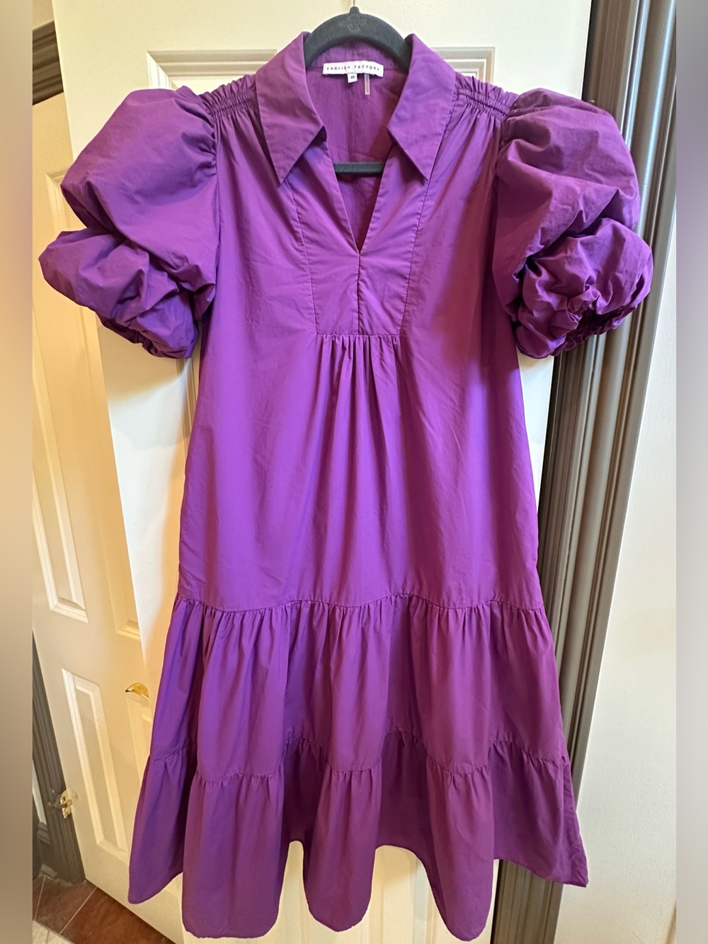 English Factory Purple Puff-Sleeve Tiered Midi Dress